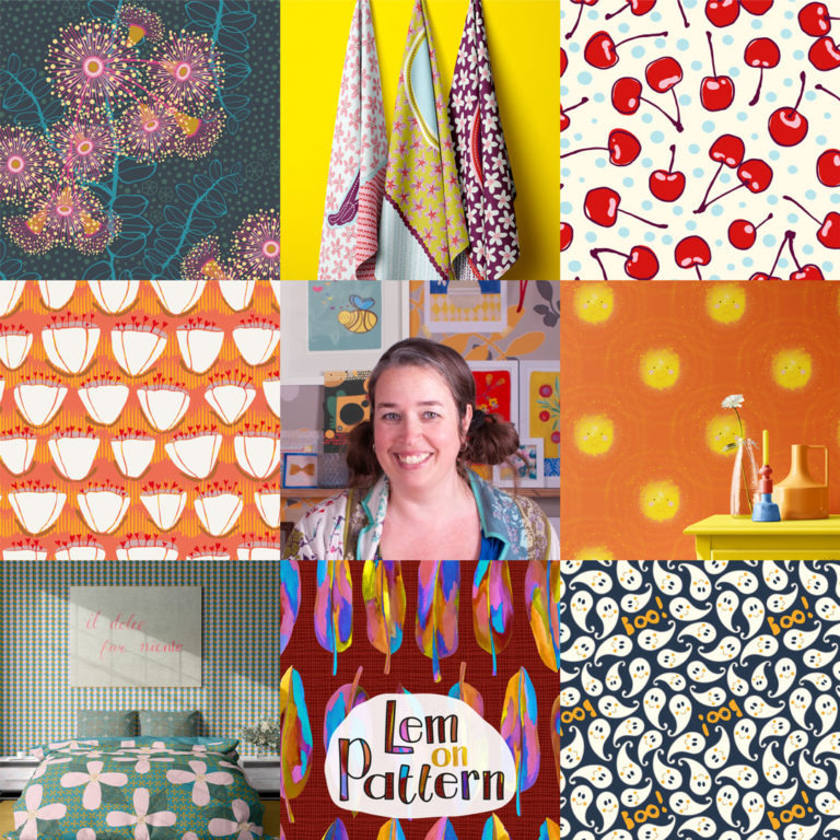 Art vs Artist - Petra van der Lem - nine squares with patterns, mock-ups and profile picture in the middle