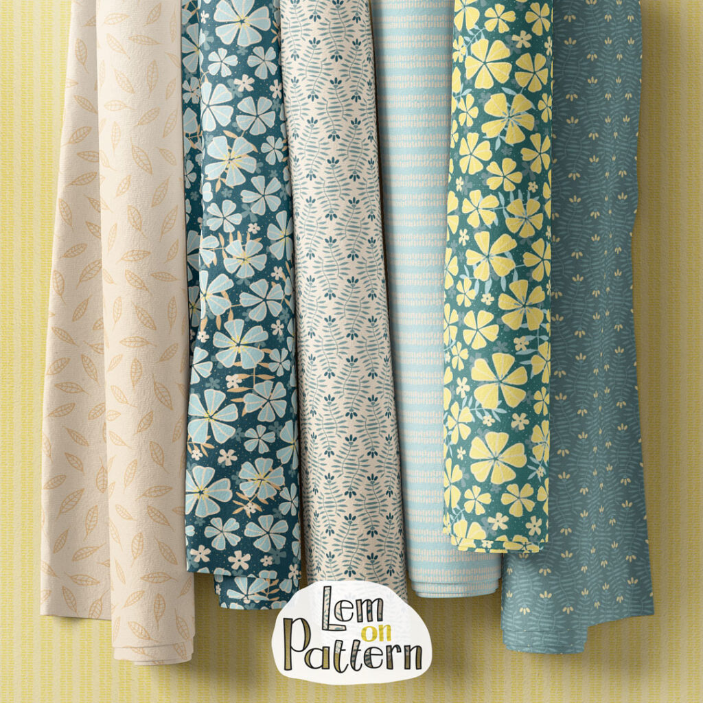 Mockup showing rolls of fabric in the Floral Wilderness collection